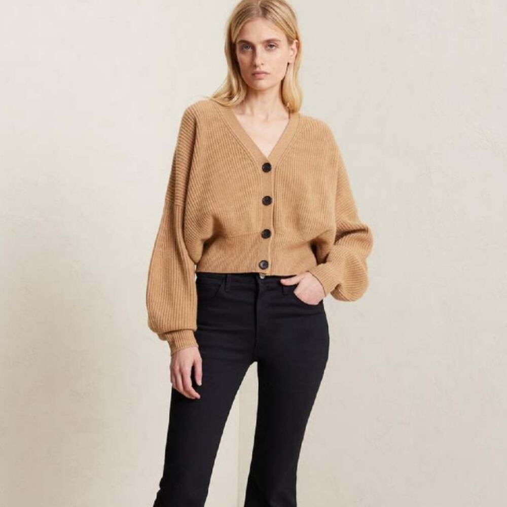 A.L.C. May Camel 100% Merino Wool Balloon Sleeve Cardigan Sweater Large